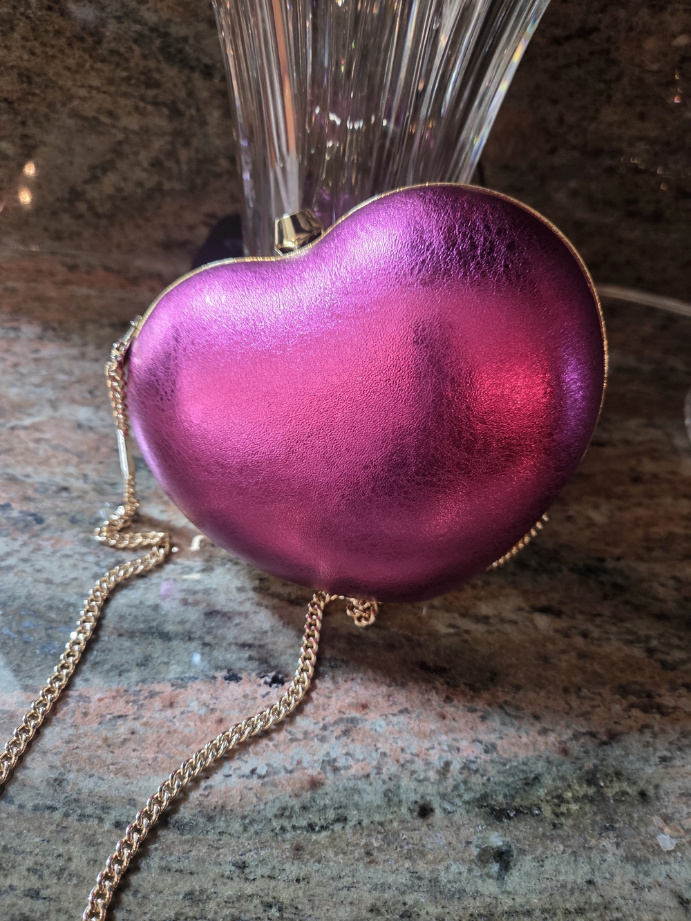 Michael Kors Metallic Pink Heart Crossbody Bag with Gold Chain And Cardholder